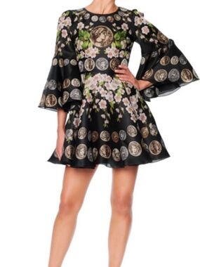 Dolce and Gabbana inspired Coin-Print Bell-Sleeve Mini Dress Black